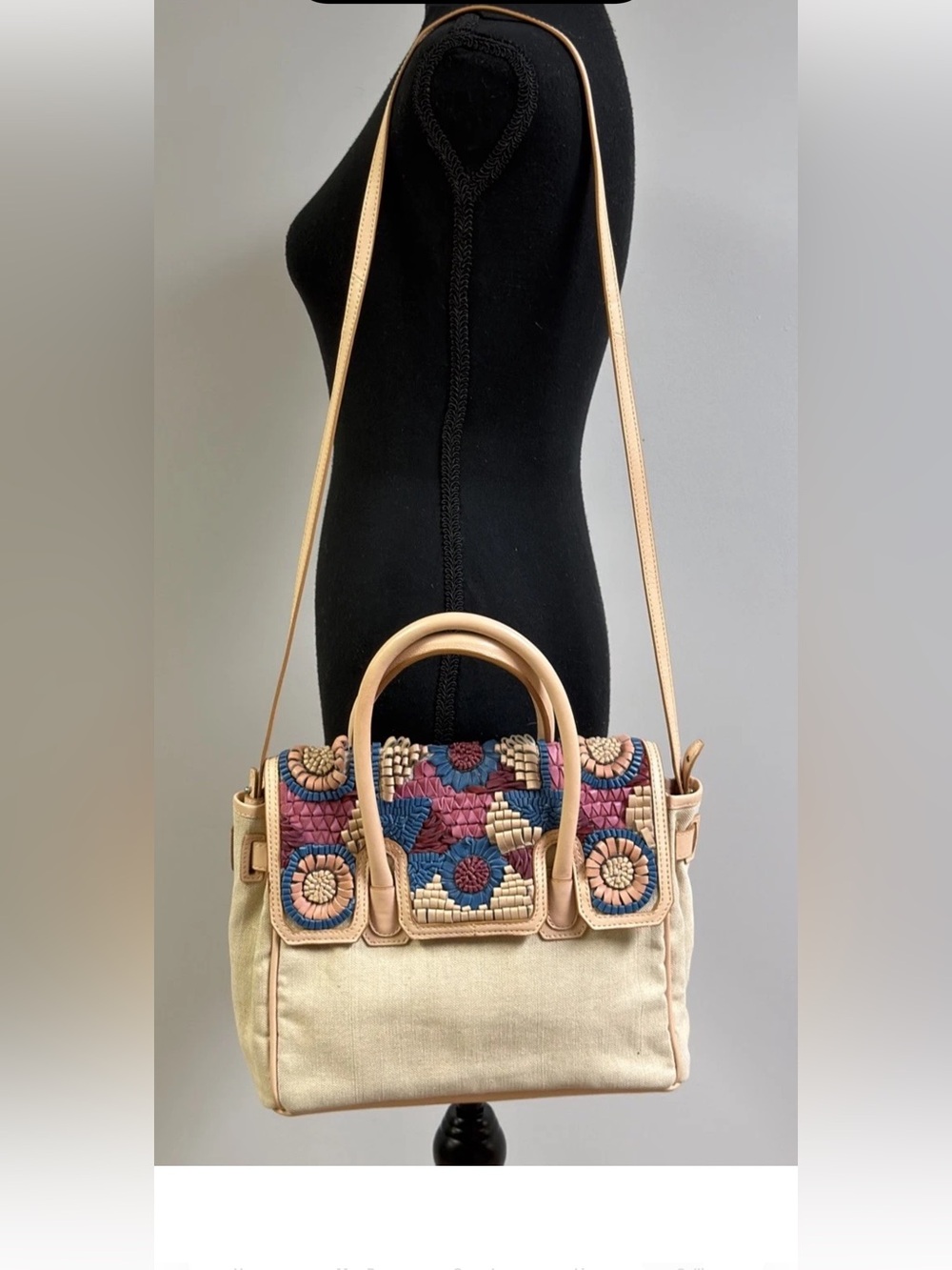 Sam Edelman Sylvia Flowers Floral Leather Jute Cotton Blend Shoulder Bag Tan